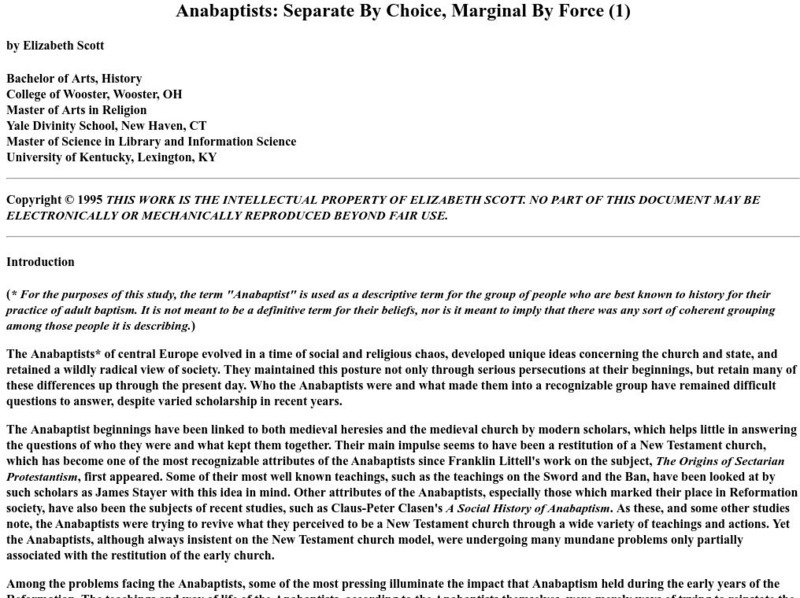 Anabaptists: Separate by Choice , Marginal by Force Website Anabaptists: Separate by Choice , Marginal by Force Website