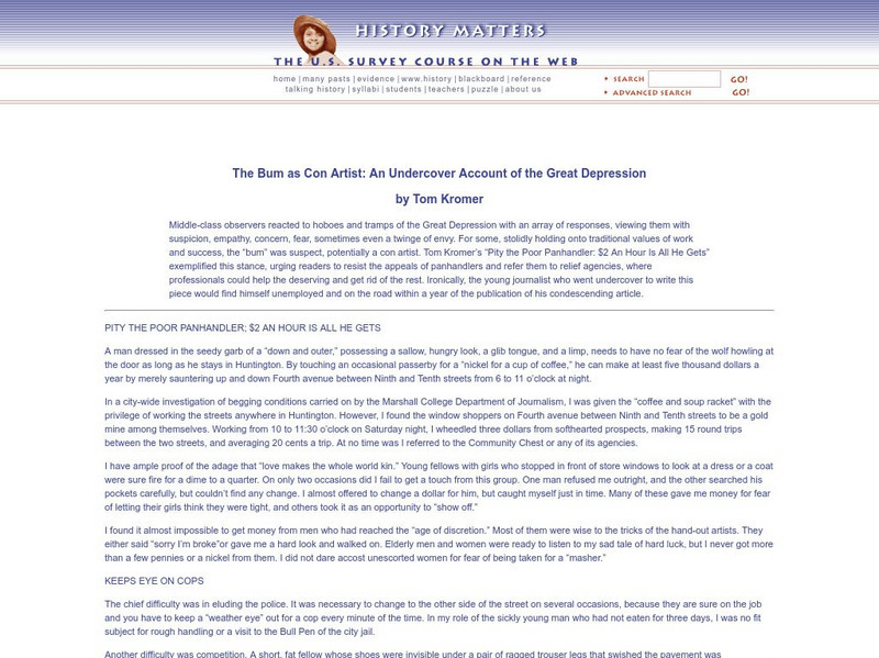 History Matters: The Bum as Con Artist Article History Matters: The Bum as Con Artist Article