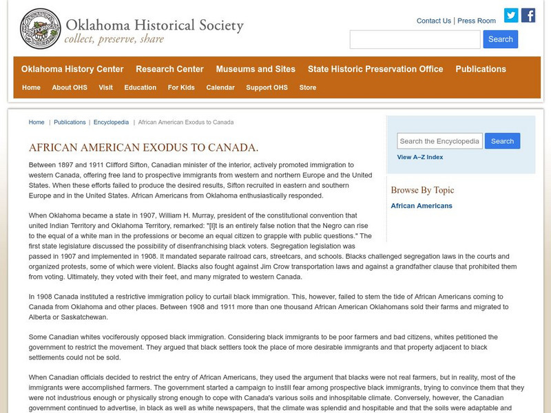 Oklahoma Historical Society: African American Exodus to Canada Handout Oklahoma Historical Society: African American Exodus to Canada Handout