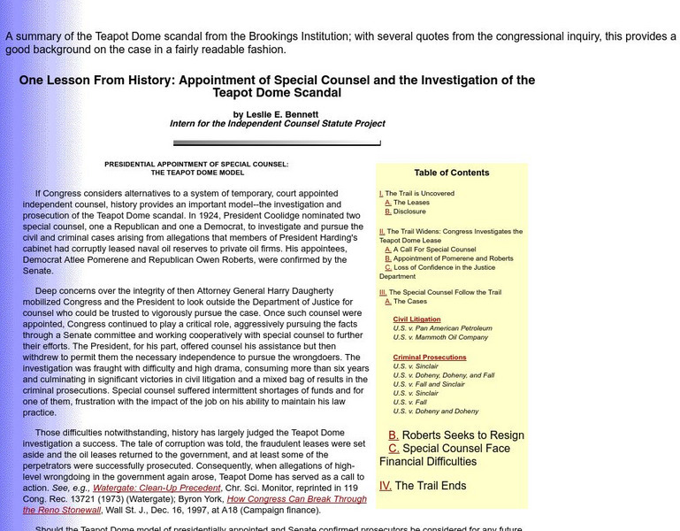 Brookings Institute: Investigation of the Teapot Dome Scandal Website