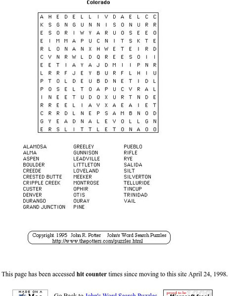 Colorado Word Search Activity