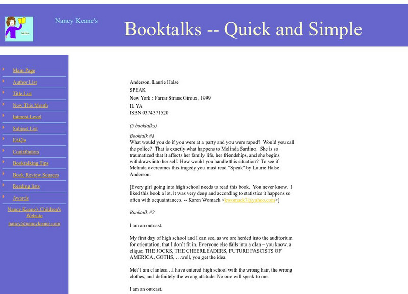 Booktalks: Speak by Laurie Halse Anderson Website Booktalks: Speak by Laurie Halse Anderson Website