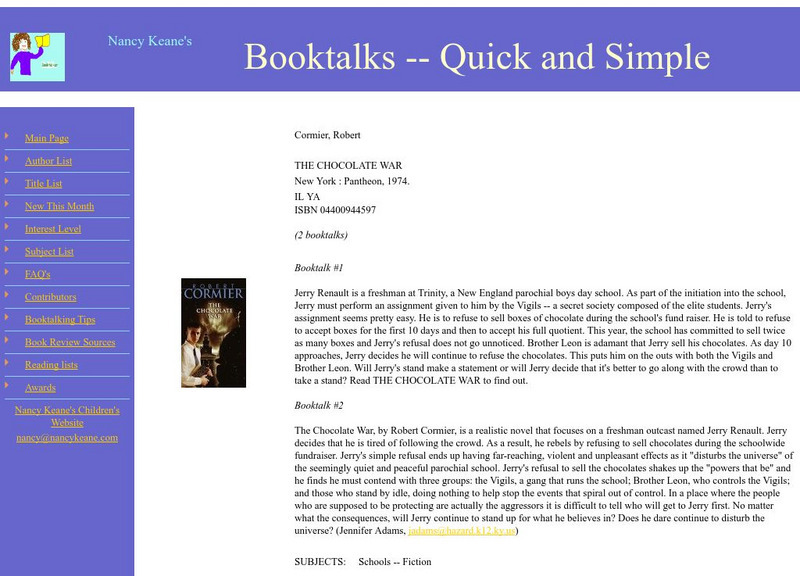 Booktalks: The Chocolate War by Robert Cormier Website Booktalks: The Chocolate War by Robert Cormier Website