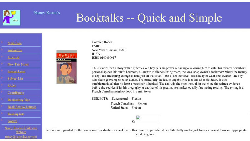 Booktalks: Fade by Robert Cormier Website Booktalks: Fade by Robert Cormier Website
