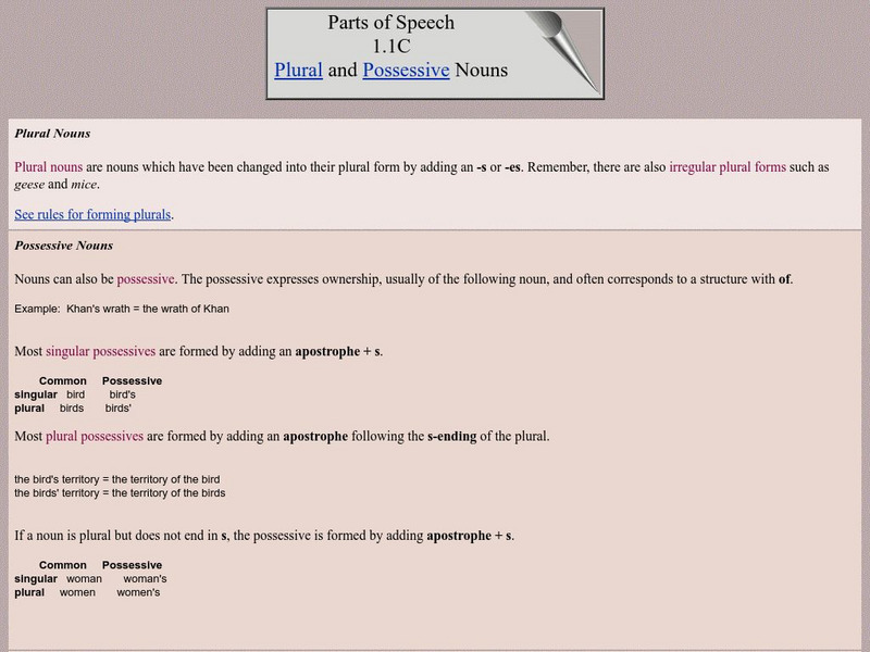 University of Calgary: Parts of Speech: Plural and Possessive Nouns Unit Plan University of Calgary: Parts of Speech: Plural and Possessive Nouns Unit Plan