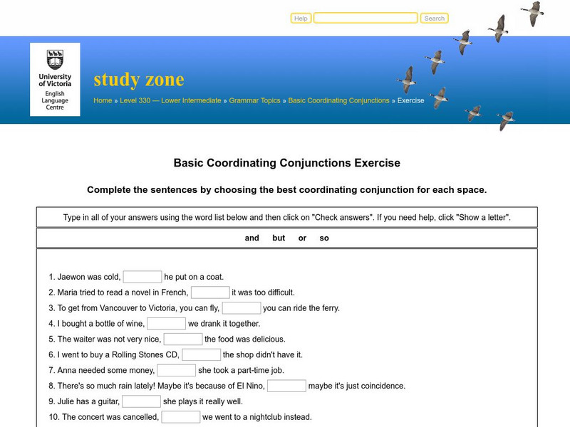 Elc: Study Zone: Basic Coordinating Conjunctions Exercise Unknown Type Elc: Study Zone: Basic Coordinating Conjunctions Exercise Unknown Type