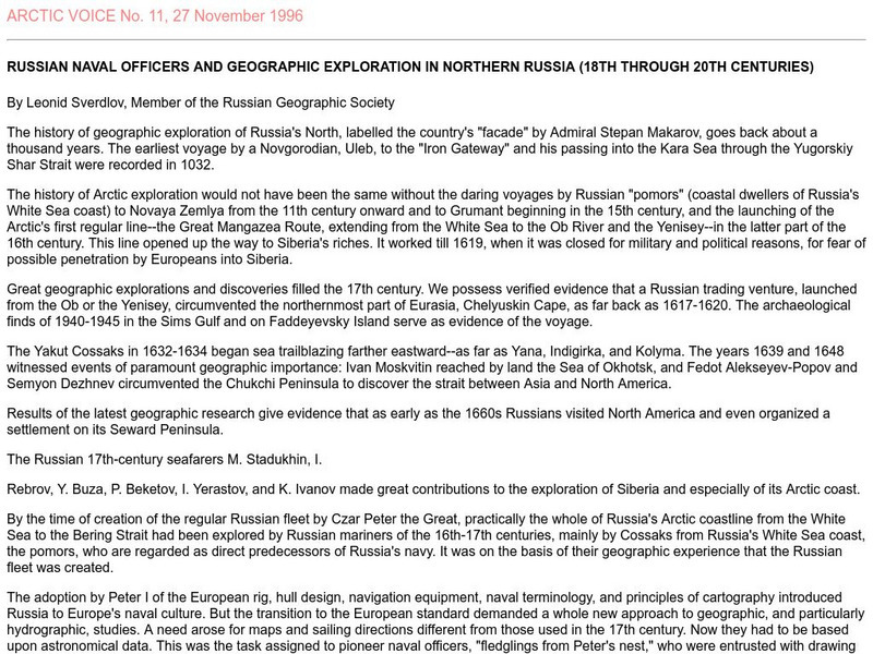 Arctic Voice: Geographic Exploration in Northern Russia (18Th Through 20th C) Handout Arctic Voice: Geographic Exploration in Northern Russia (18Th Through 20th C) Handout