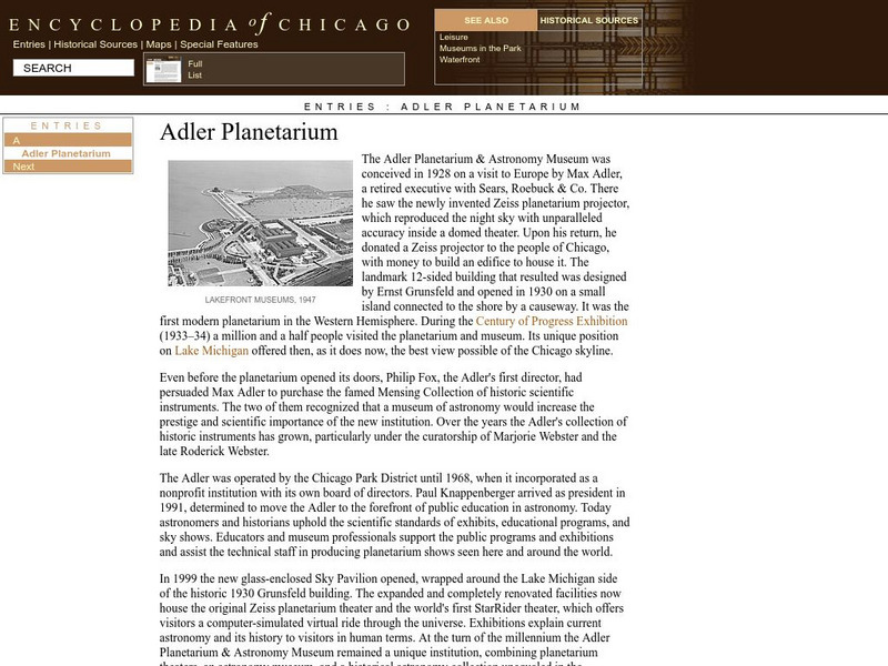Encyclopedia of Chicago: Adler Planetarium Handout Encyclopedia of Chicago: Adler Planetarium Handout