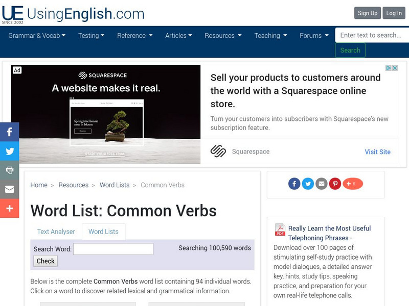 Using English: Common Verbs Word List Handout Using English: Common Verbs Word List Handout