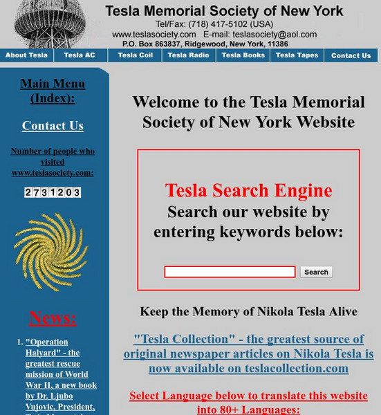 Tesla Memorial Society: About Tesla Website Tesla Memorial Society: About Tesla Website