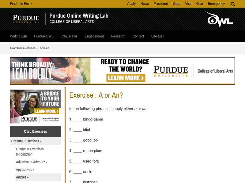 Purdue University Owl: A or An? Exercises Handout Purdue University Owl: A or An? Exercises Handout