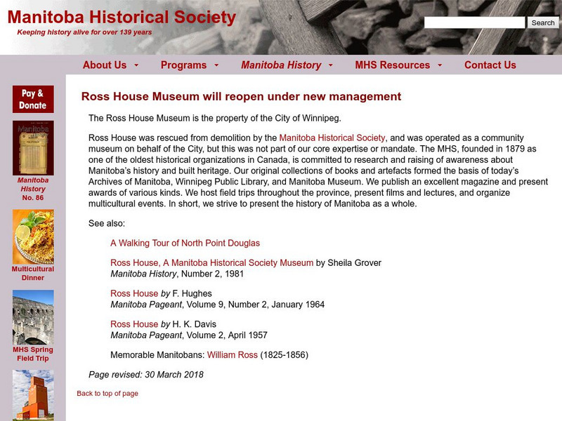 Manitoba Historical Society: Ross House Museum Website Manitoba Historical Society: Ross House Museum Website