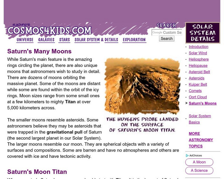 Cosmos4 Kids: Solar System Details: Moons of Saturn Handout Cosmos4 Kids: Solar System Details: Moons of Saturn Handout