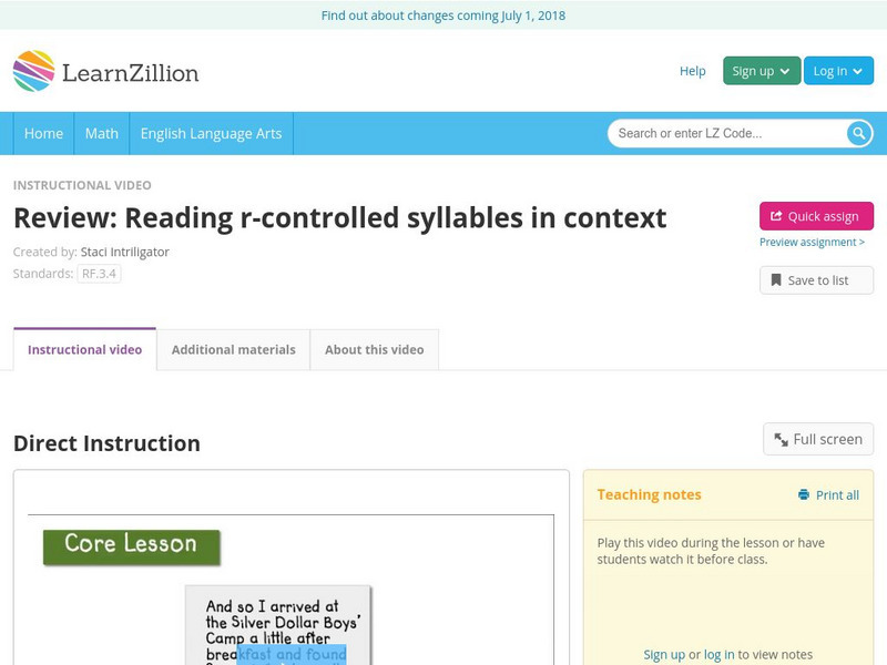 Learn Zillion: Review: Reading R Controlled Syllables in Context Instructional Video Learn Zillion: Review: Reading R Controlled Syllables in Context Instructional Video