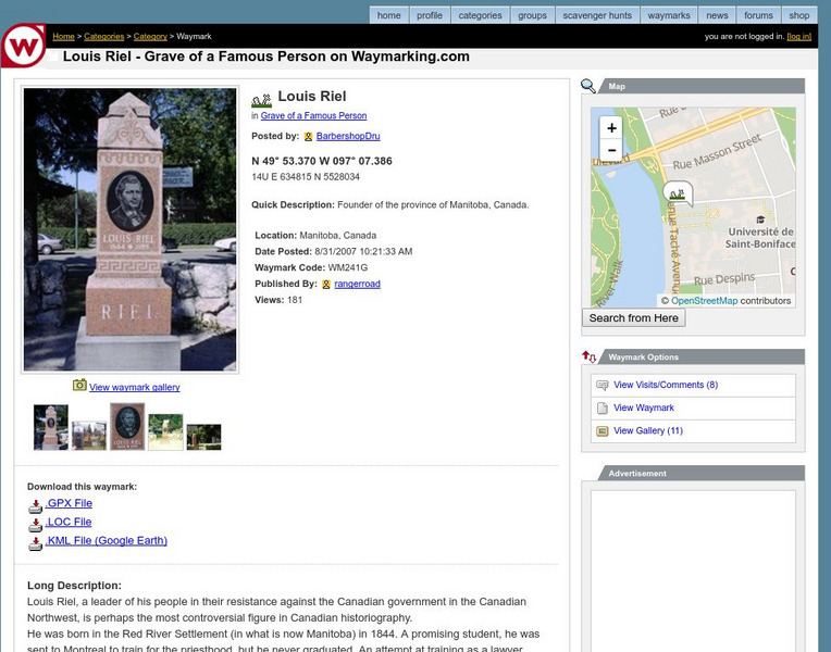 Groundspeak: Louis Riel: Grave of a Famous Person Handout