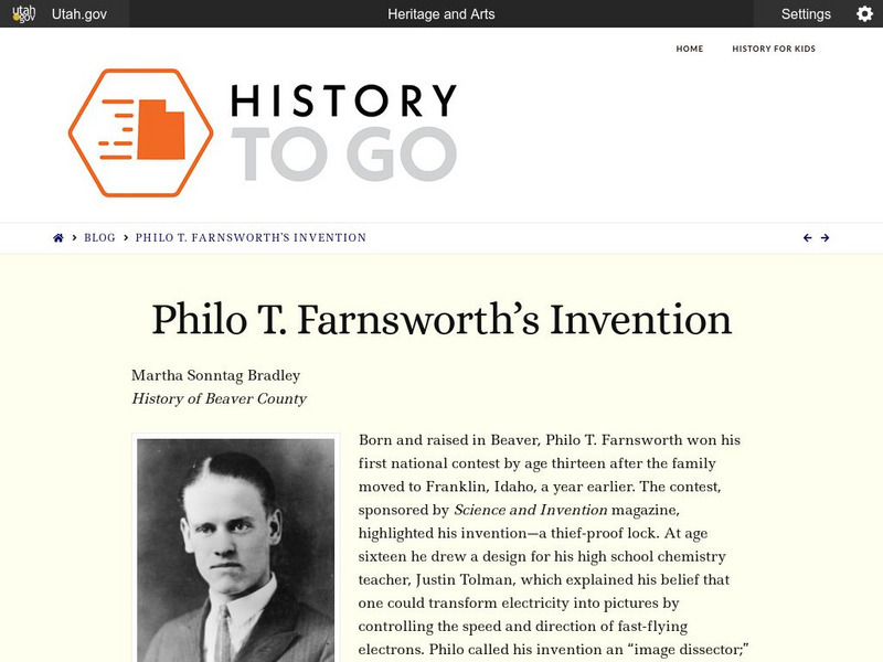 Utah History to Go: Philo T. Farnsworth's Invention Handout Utah History to Go: Philo T. Farnsworth's Invention Handout