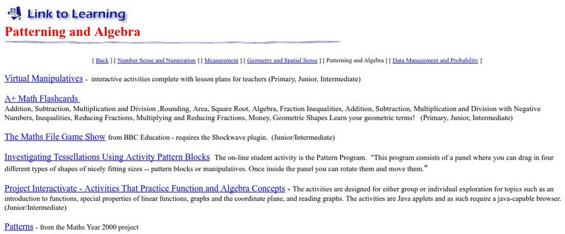 Link to Learning: Patterning and Algebra Website