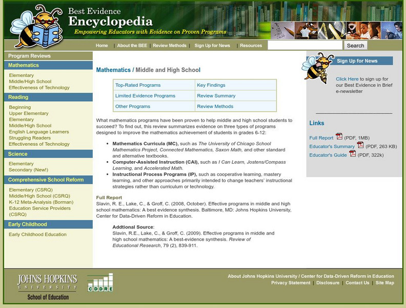 Best Evidence Encyclopedia: Middle and High School Math Professional Doc Best Evidence Encyclopedia: Middle and High School Math Professional Doc