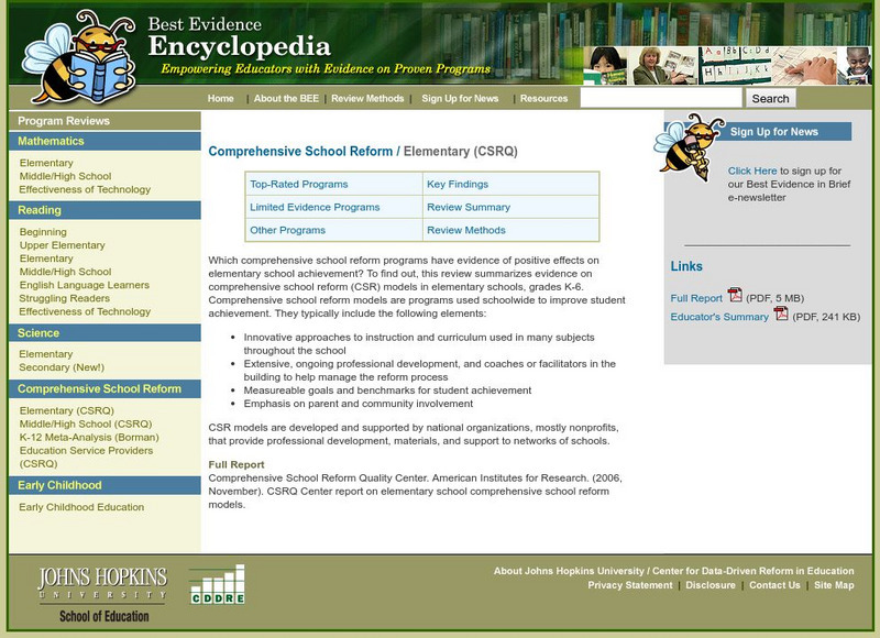 Best Evidence Encyclopedia: Elementary Comprehensive School Reform Website Best Evidence Encyclopedia: Elementary Comprehensive School Reform Website