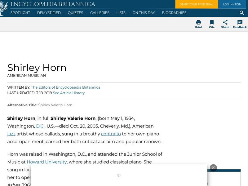 Encyclopedia Britannica: Shirley Horn Handout Encyclopedia Britannica: Shirley Horn Handout