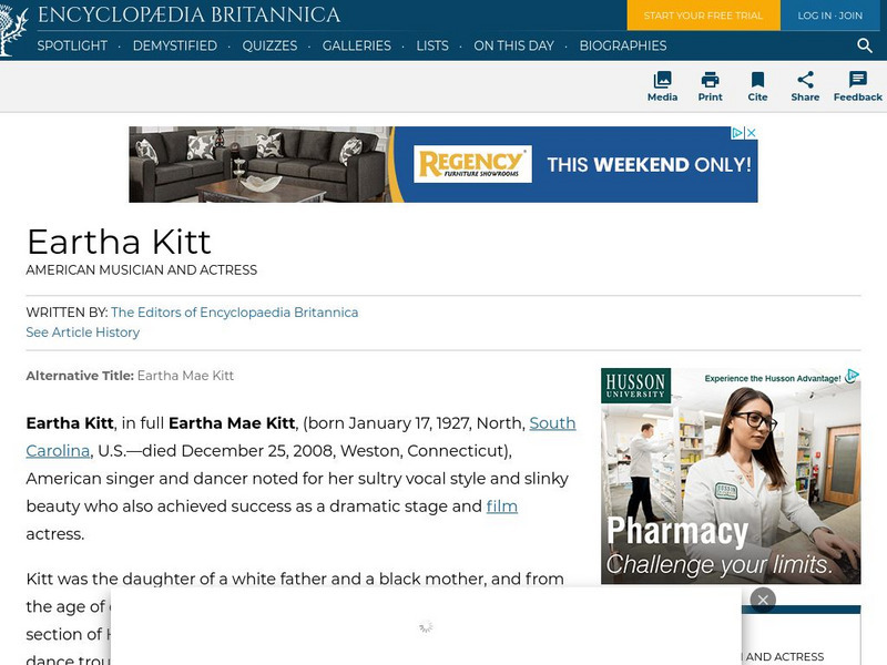 Encyclopedia Britannica: Eartha Kitt Handout Encyclopedia Britannica: Eartha Kitt Handout
