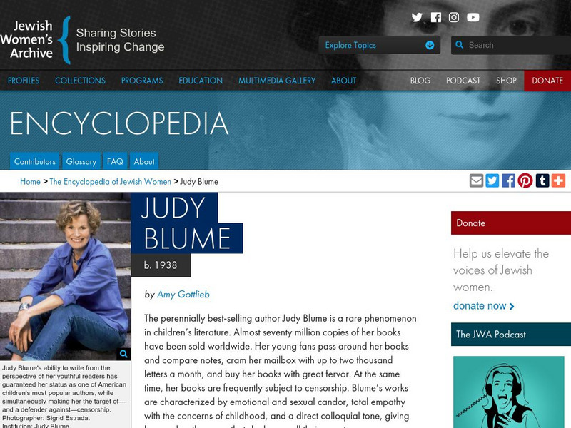 Jewish Women's Archive: Judy Blume Handout Jewish Women's Archive: Judy Blume Handout
