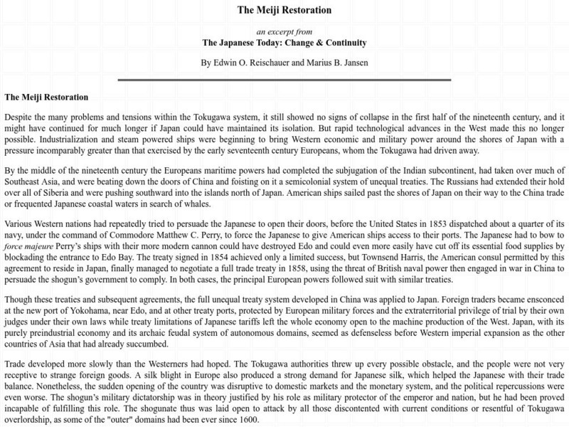 Reischauer and Jansen: The Meiji Restoration Handout