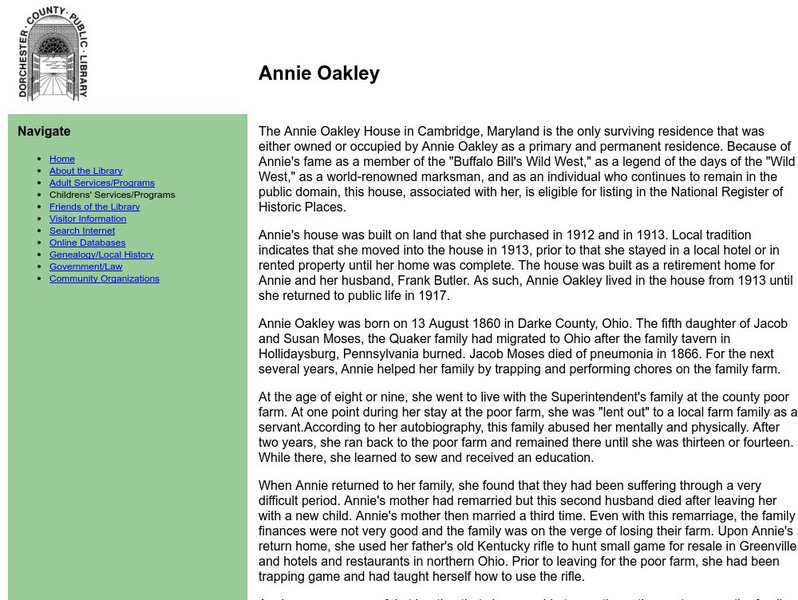 Dorchester County Library: Annie Oakley Handout Dorchester County Library: Annie Oakley Handout