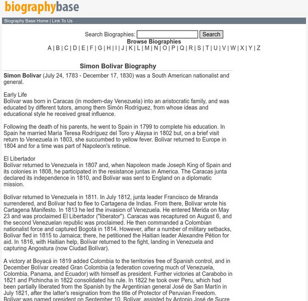 Biography Base: Simon Bolivar Biography Handout