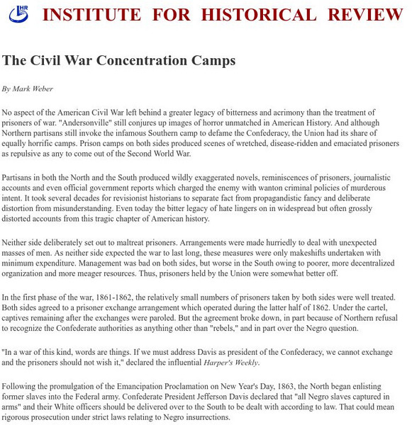 Institute for Historical Review: The Civil War Concentration Camps Handout Institute for Historical Review: The Civil War Concentration Camps Handout