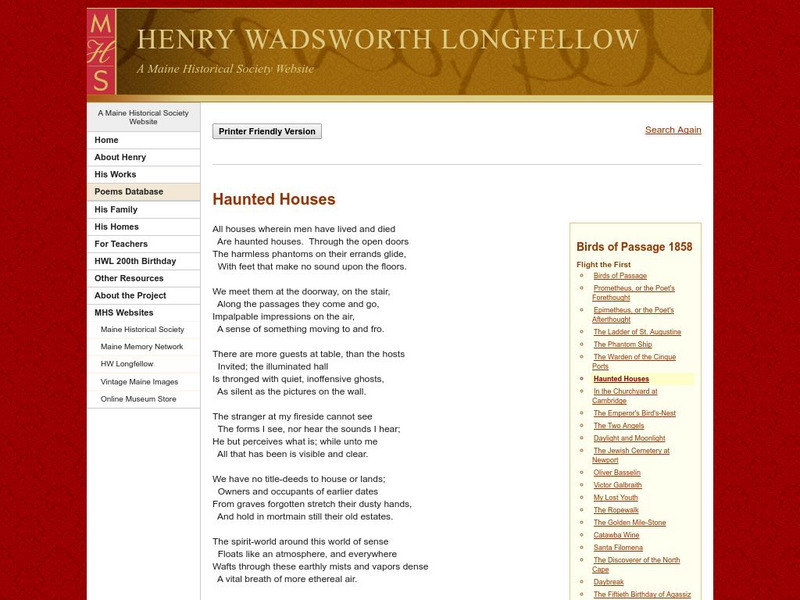 Maine Historical Society: "Haunted Houses" by Henry Wadsworth Longfellow Primary Maine Historical Society: "Haunted Houses" by Henry Wadsworth Longfellow Primary