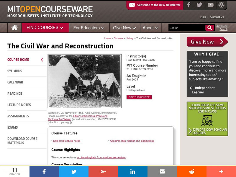 Mit: Open Course Ware: The Civil War and Reconstruction Online Course Mit: Open Course Ware: The Civil War and Reconstruction Online Course