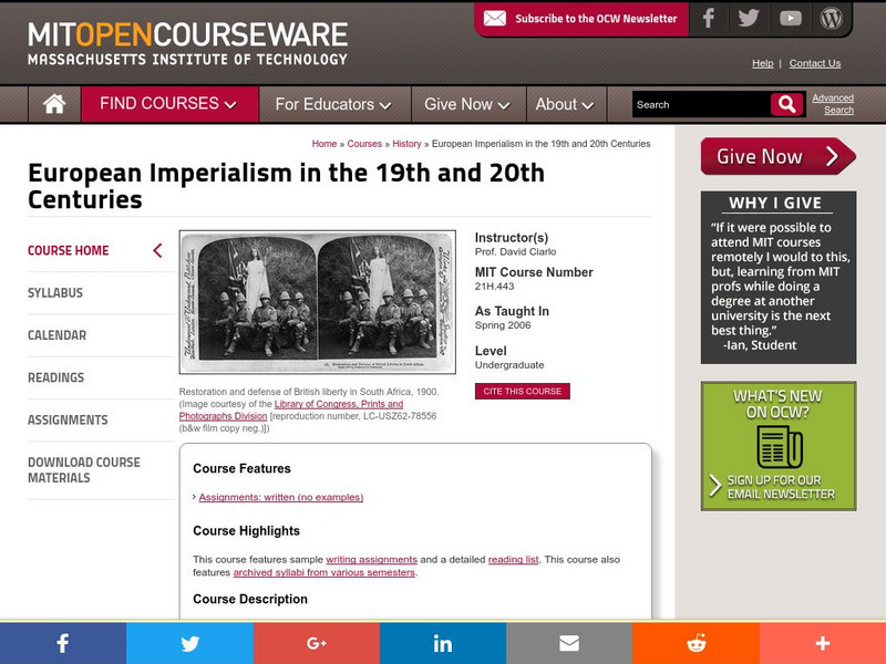 Mit: Open Course Ware: European Imperialism: Nineteenth and Twentieth Centuries Online Course Mit: Open Course Ware: European Imperialism: Nineteenth and Twentieth Centuries Online Course
