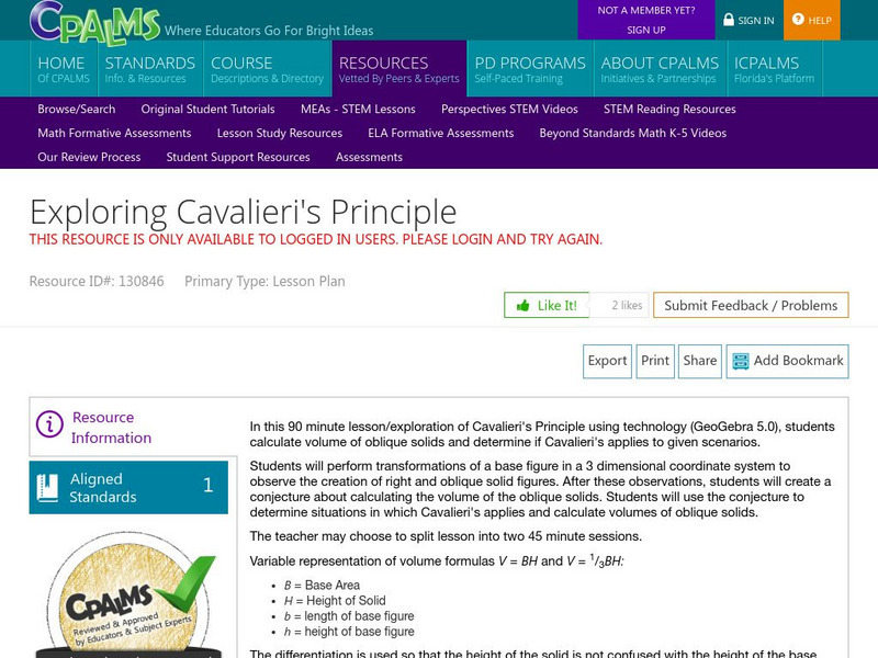 Cpalms: Exploring Cavalieri's Principle Lesson Plan Cpalms: Exploring Cavalieri's Principle Lesson Plan