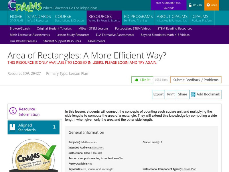 Cpalms: Area of Rectangles: A More Efficient Way? Unit Plan Cpalms: Area of Rectangles: A More Efficient Way? Unit Plan