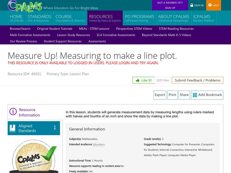 Cpalms: Measure Up! Measuring to Make a Line Plot Unit Plan