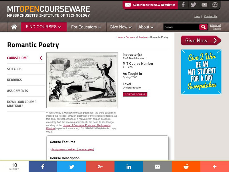 Mit: Open Course Ware: Literature: Romantic Poetry Unit Plan Mit: Open Course Ware: Literature: Romantic Poetry Unit Plan