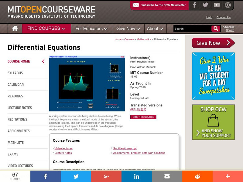 Mit: Open Course Ware: Differential Equations Activity Mit: Open Course Ware: Differential Equations Activity