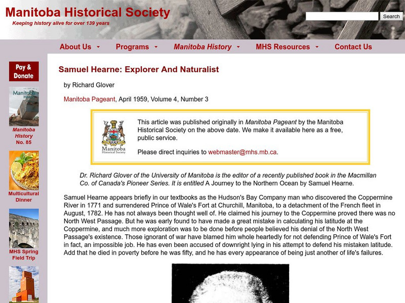 Samuel Hearne: Explorer and Naturalist Article Samuel Hearne: Explorer and Naturalist Article