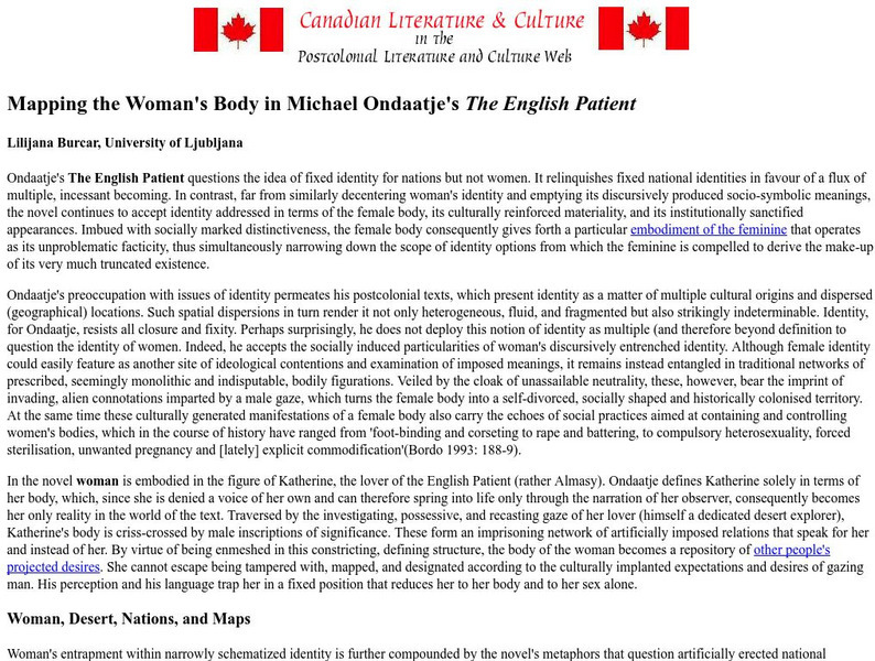 Mapping the Woman's Body in Michael Ondaatje's the English Patient Unit Plan Mapping the Woman's Body in Michael Ondaatje's the English Patient Unit Plan