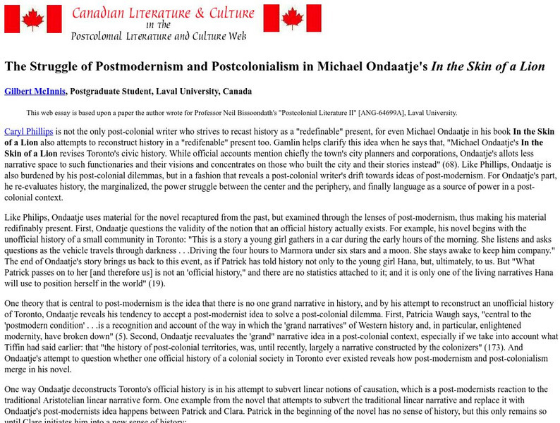 Postmodernism and Postcolonialism in Ondaatje's "In the Skin of a Lion" Website Postmodernism and Postcolonialism in Ondaatje's "In the Skin of a Lion" Website
