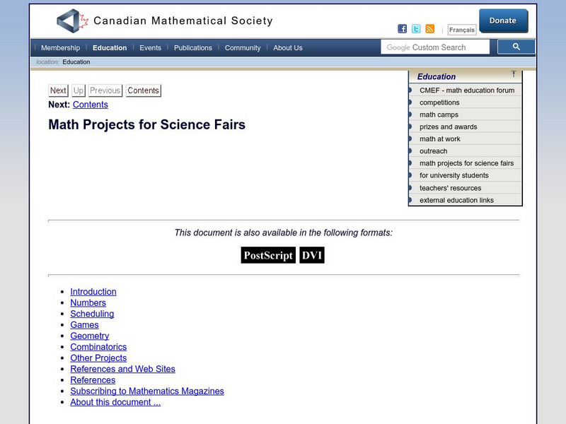 Canadian Mathematical Society: Math Projects for Science Fairs Website Canadian Mathematical Society: Math Projects for Science Fairs Website