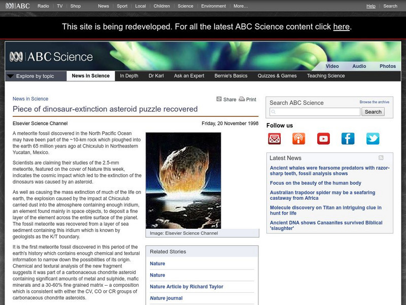 Australian Broadcasting Corporation: News in Science: Piece of Dinosaur Extinction Asteroid Puzzle Recovered Website Australian Broadcasting Corporation: News in Science: Piece of Dinosaur Extinction Asteroid Puzzle Recovered Website