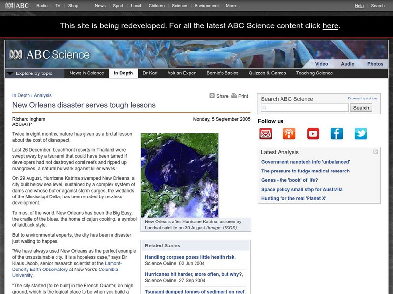 Australian Broadcasting Corporation: News in Science: New Orleans Disaster Serves Tough Lessons Article