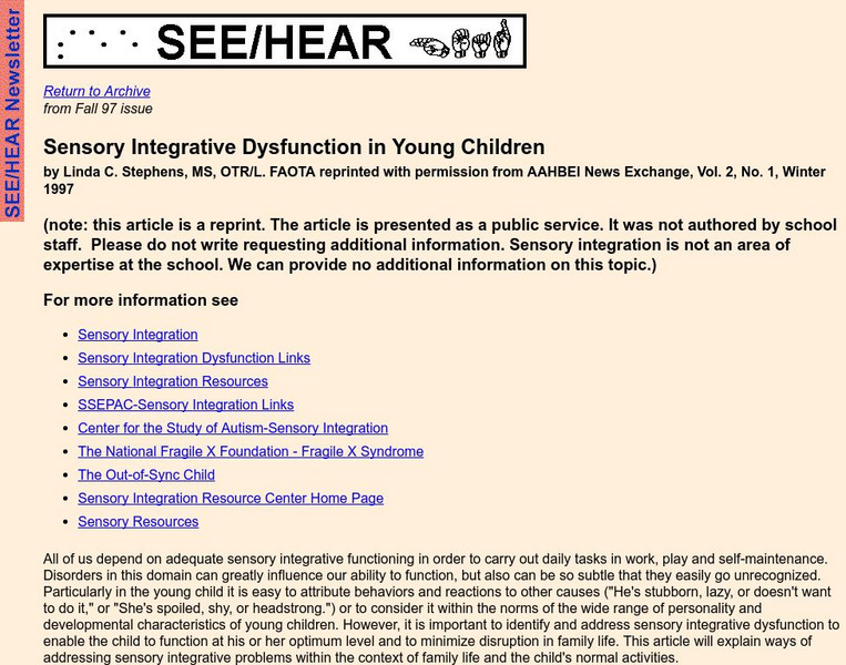 Tsbvi: Sensory Integrative Dysfunction in Young Children Article Tsbvi: Sensory Integrative Dysfunction in Young Children Article