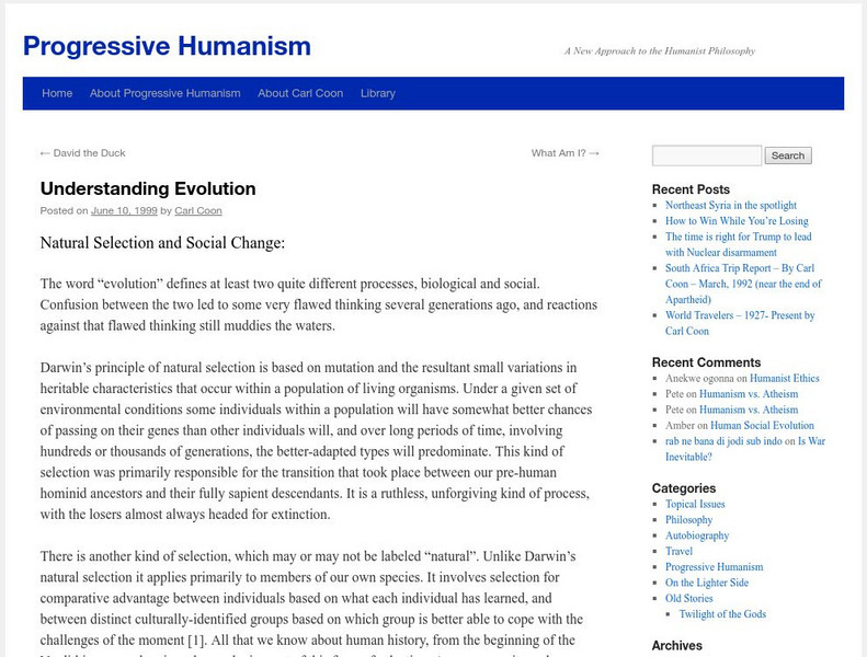 Progressive Humanism: Understanding Evolution Article Progressive Humanism: Understanding Evolution Article