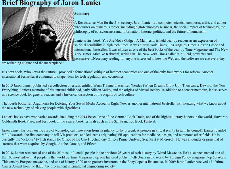 Brief Biography of Jaron Lanier Handout Brief Biography of Jaron Lanier Handout