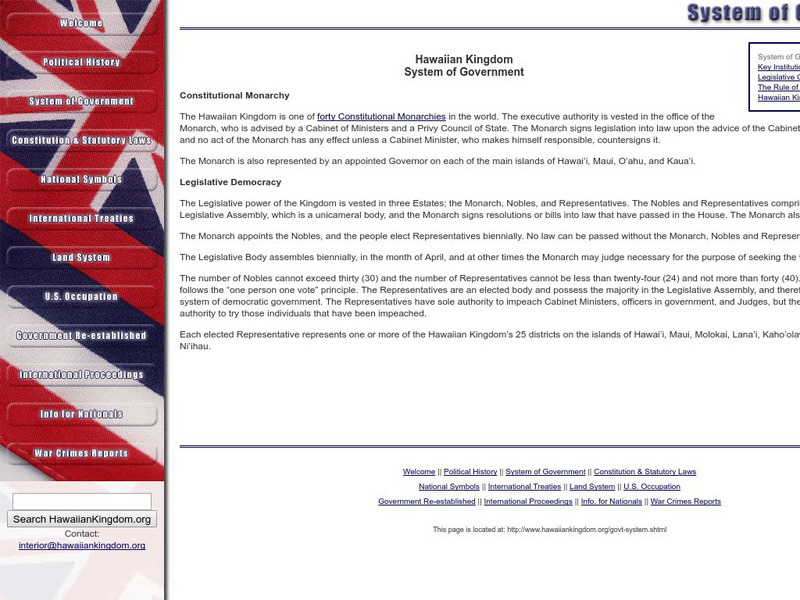 Hawaiian Kingdom: System of Government Handout Hawaiian Kingdom: System of Government Handout