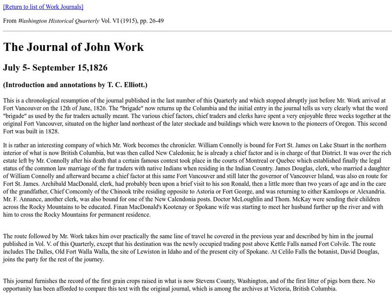 Library of Western Fur Trade Historical Source Documents: Journal of John Work Primary Library of Western Fur Trade Historical Source Documents: Journal of John Work Primary