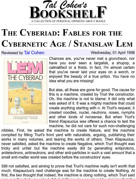 Tal Cohen's Bookshelf: The Cyberiad: Fables for the Cybernetic Age Website